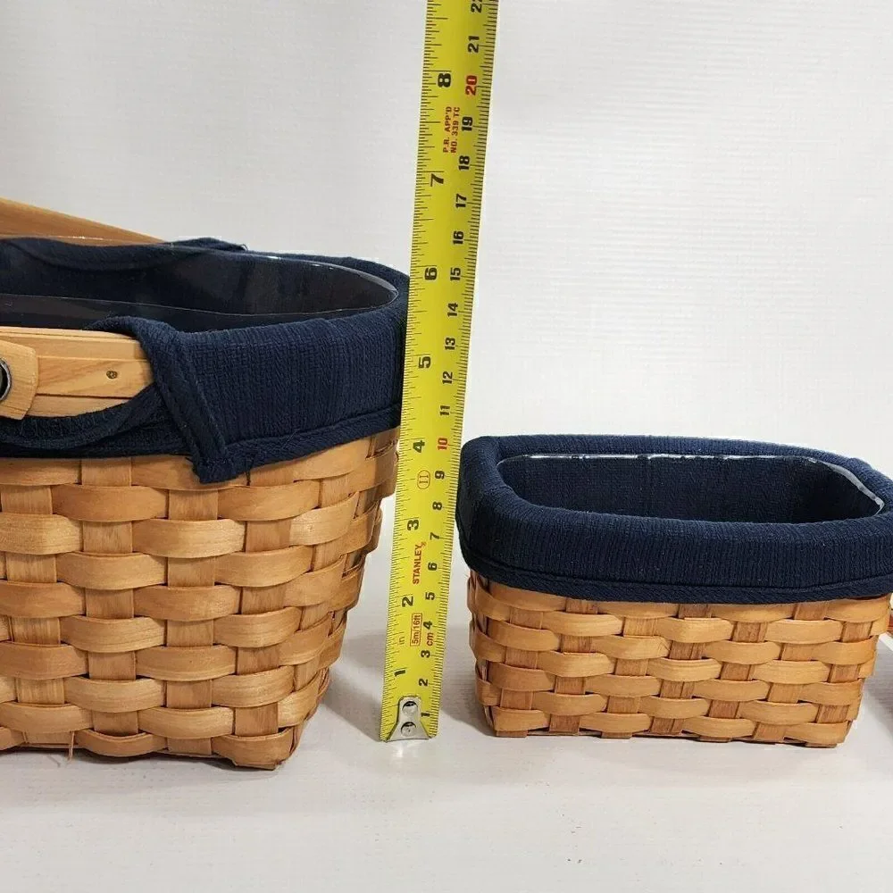 3 Taskets Renaissance Wood Slat Woven Baskets Navy Liner Bow Wow Meow‎